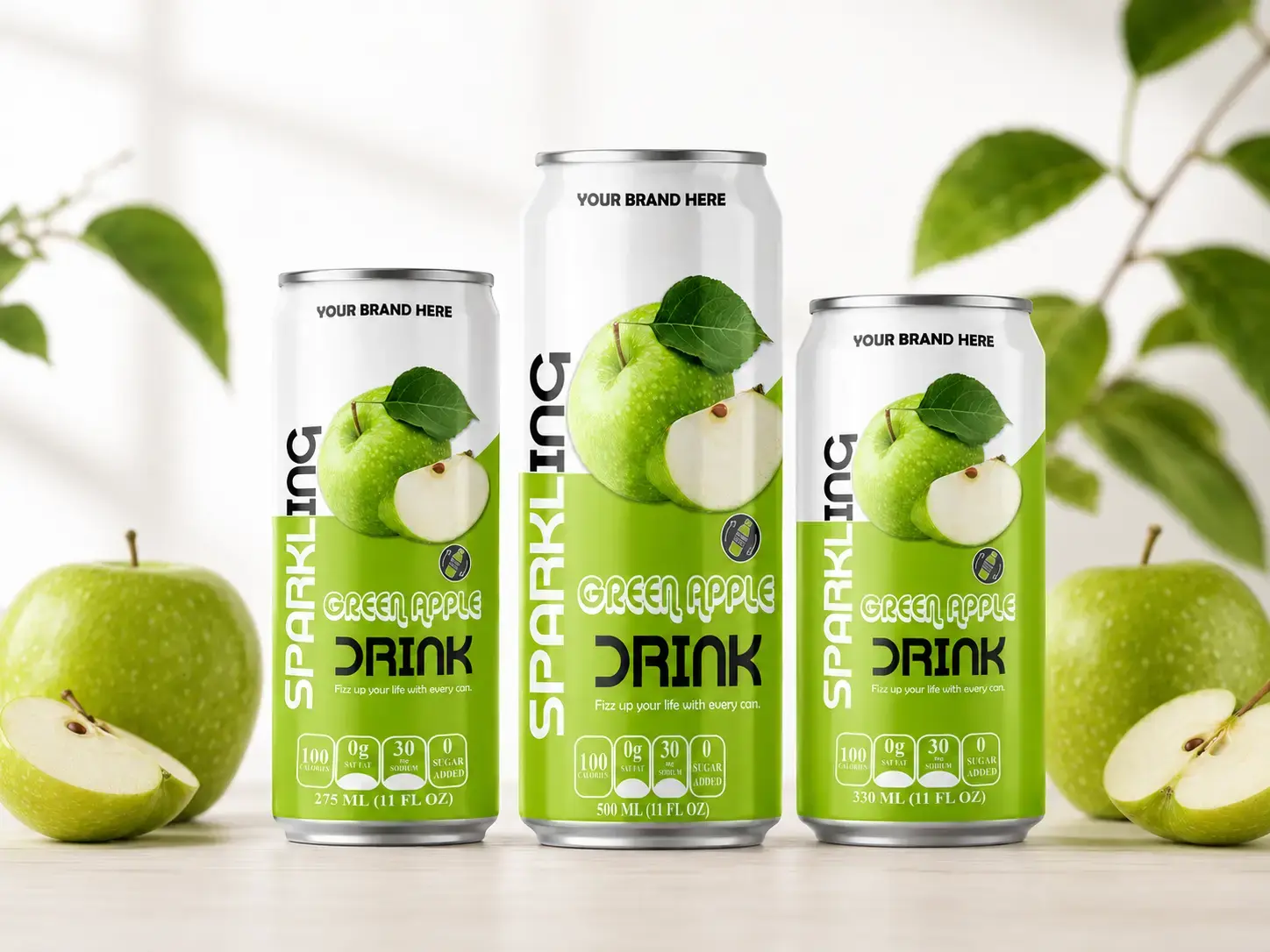 SPARKLING DRINK Green Apple Flavored Drink in 275ml, 500ml, and 330ml cans.
